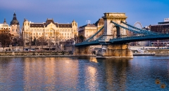 Four Seasons Hotel Gresham Palace and Chain Bridge from across the River - Budapest, Hungary